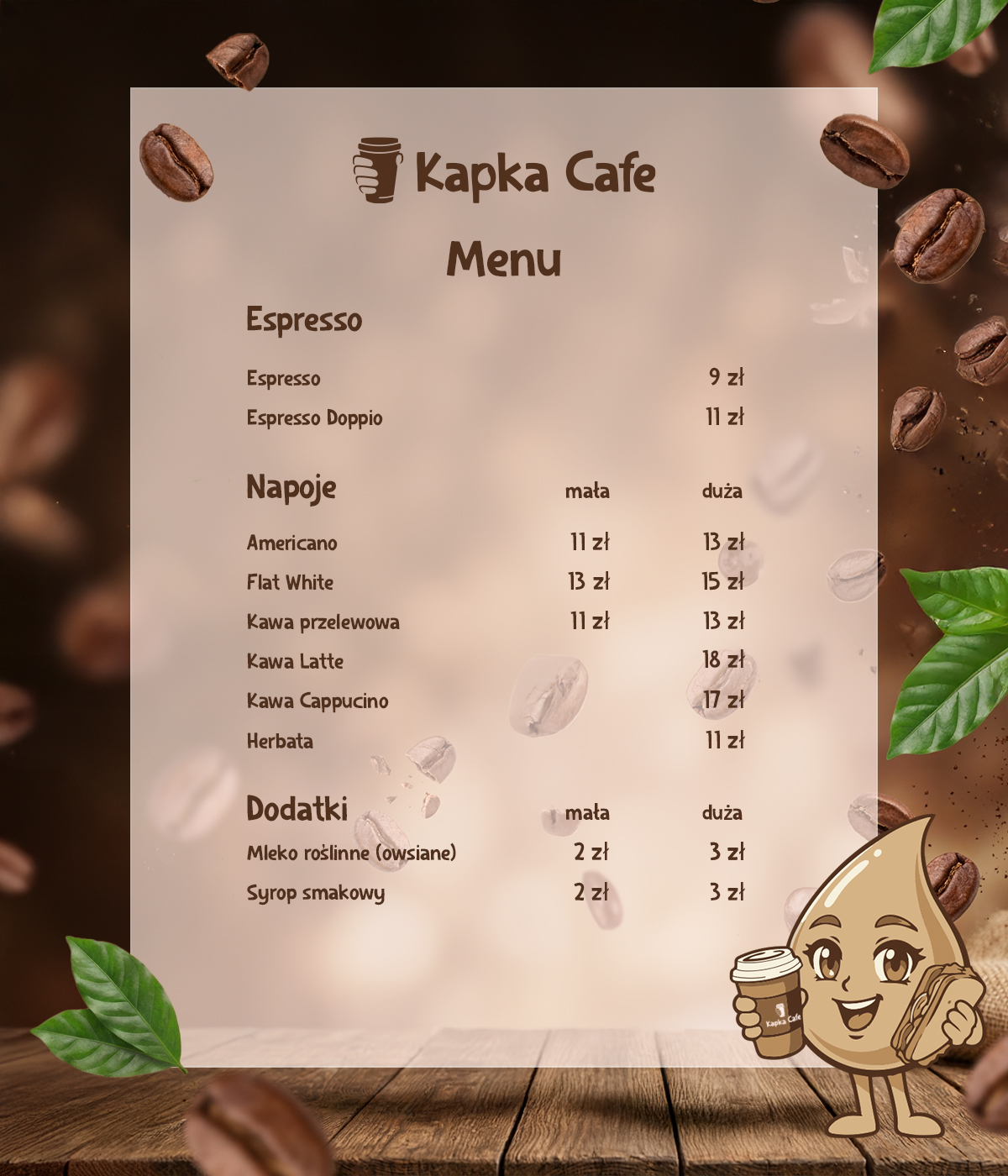 Menu Kapka Cafe z cennikiem kaw, napojów i dodatków