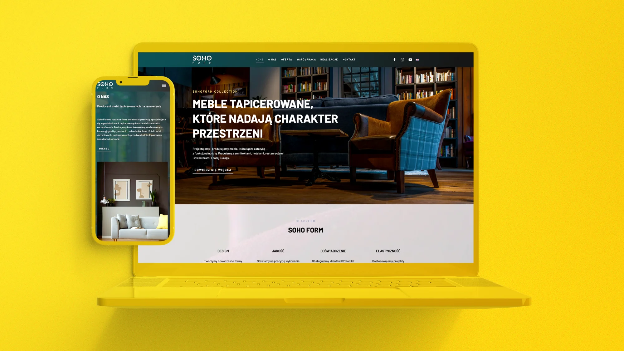 Strona Soho Form na laptopie i telefonie, żółte tło